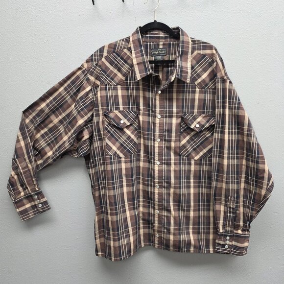 High Noon Shirt Mens 3XL Brown Tan Plaid Western Cowboy Pearl Snap Long Sleeve - Picture 1 of 8